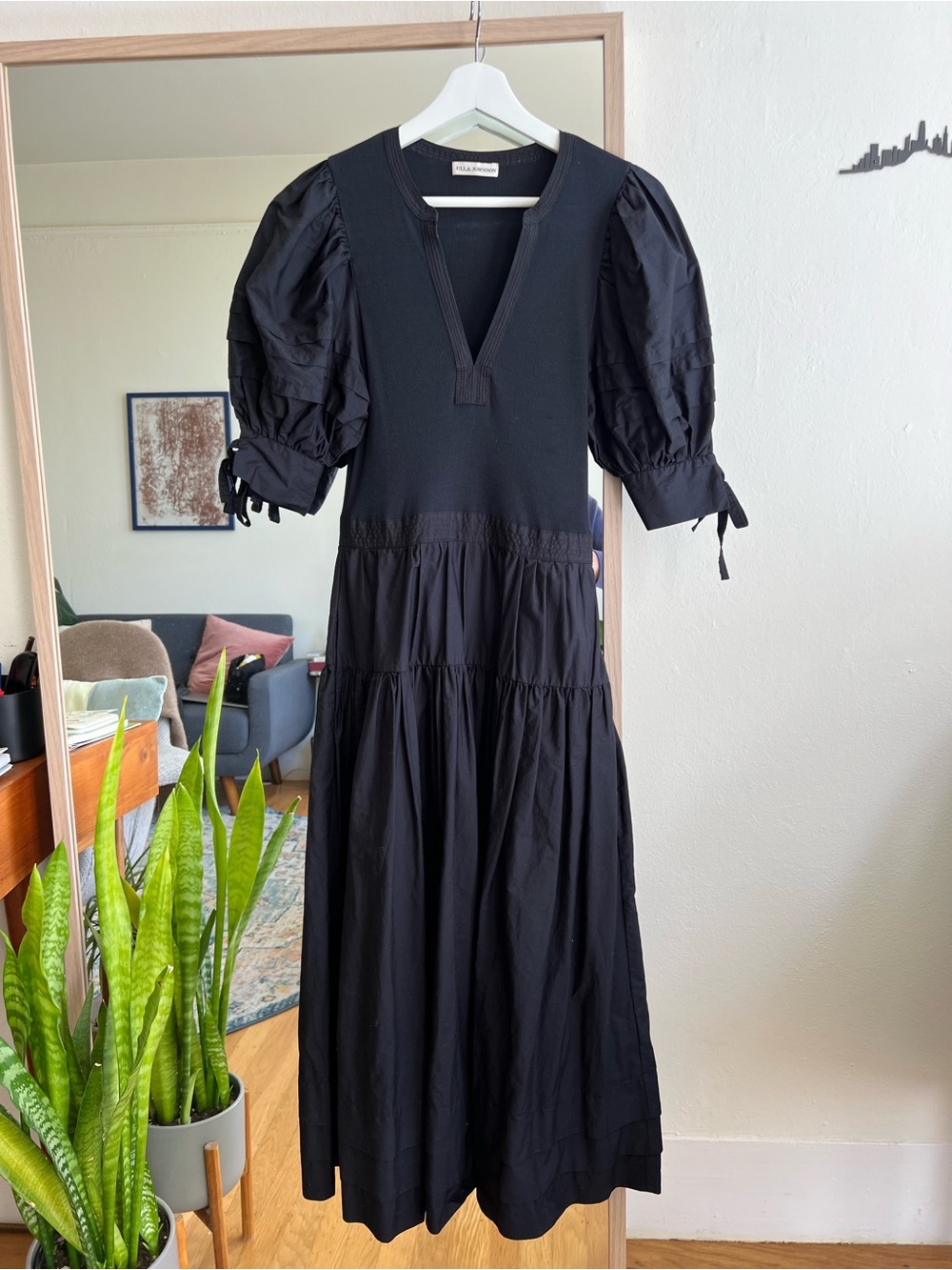 Black Puff-Sleeve Midi Dress by Ulla Johnson